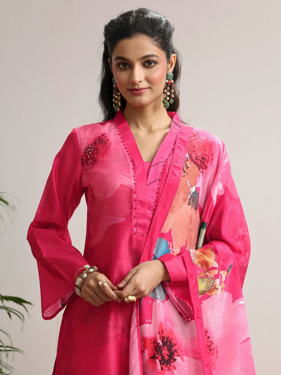 Red Printed Silk blend Straight Suit Set With Dupatta