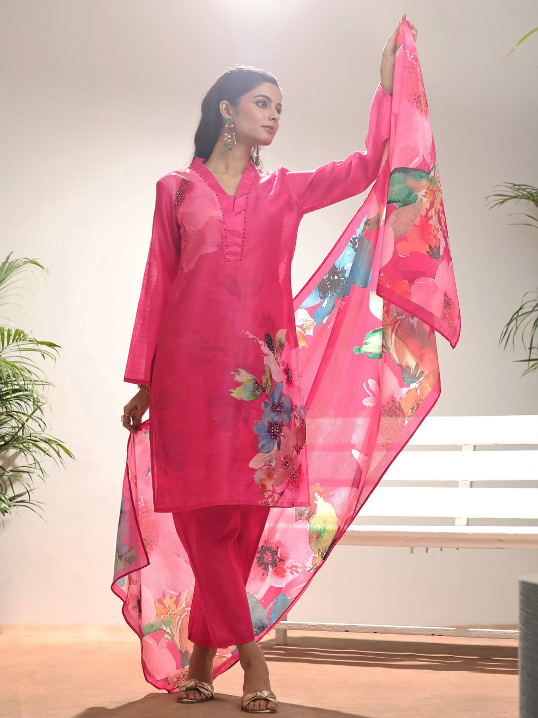 Red Printed Silk blend Straight Suit Set With Dupatta