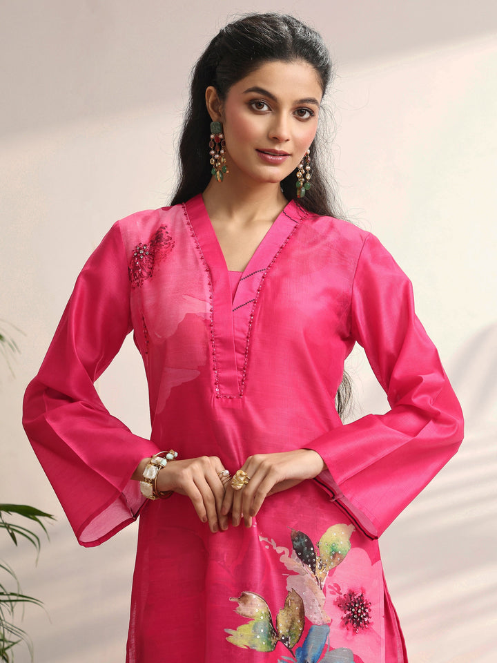 Red Printed Silk blend Straight Suit Set With Dupatta