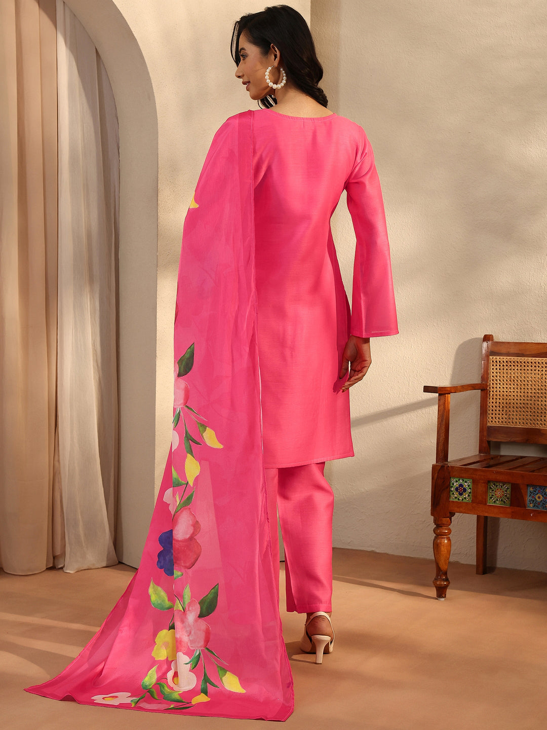 Pink Printed Silk Blend Straight Suit Set With Dupatta