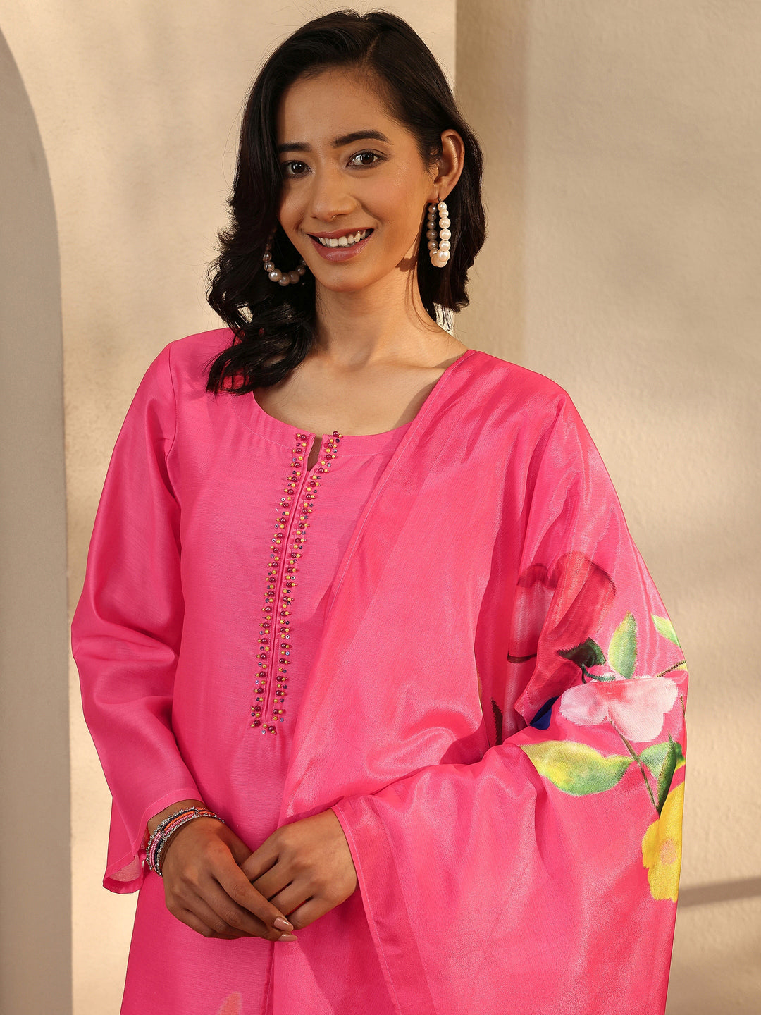 Pink Printed Silk Blend Straight Suit Set With Dupatta