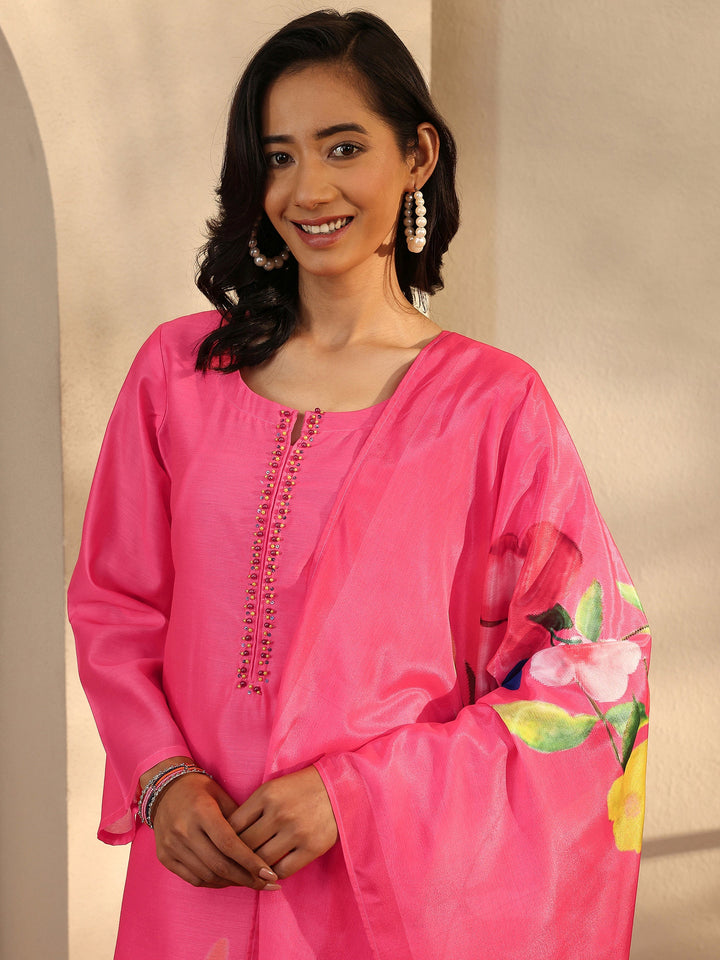 Pink Printed Silk Blend Straight Suit Set With Dupatta
