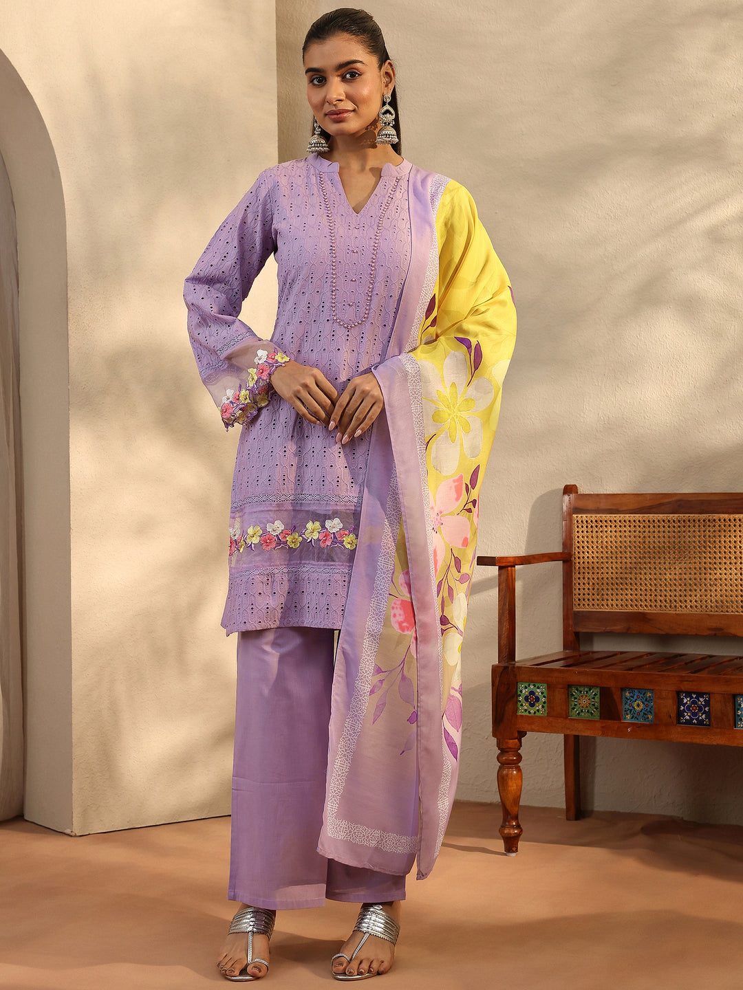 Lavender Embroidered Cotton Straight Suit Set With Dupatta