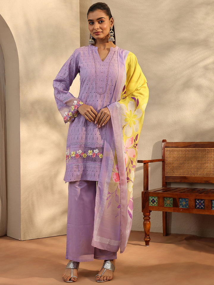 Lavender Embroidered Cotton Straight Suit Set With Dupatta