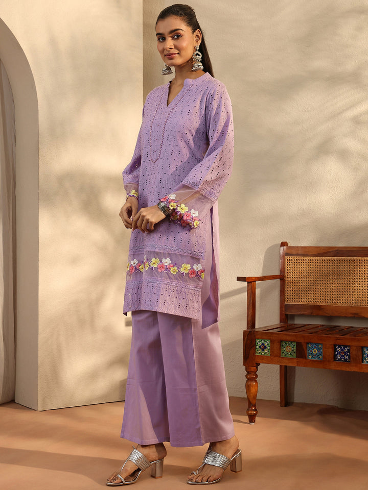 Lavender Embroidered Cotton Straight Suit Set With Dupatta