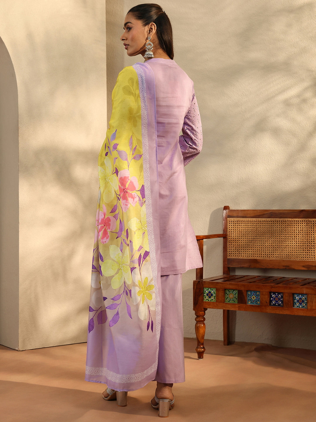 Lavender Embroidered Cotton Straight Suit Set With Dupatta