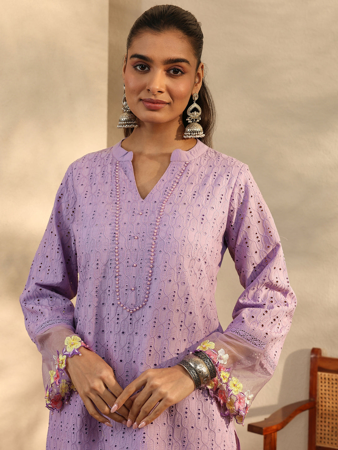 Lavender Embroidered Cotton Straight Suit Set With Dupatta