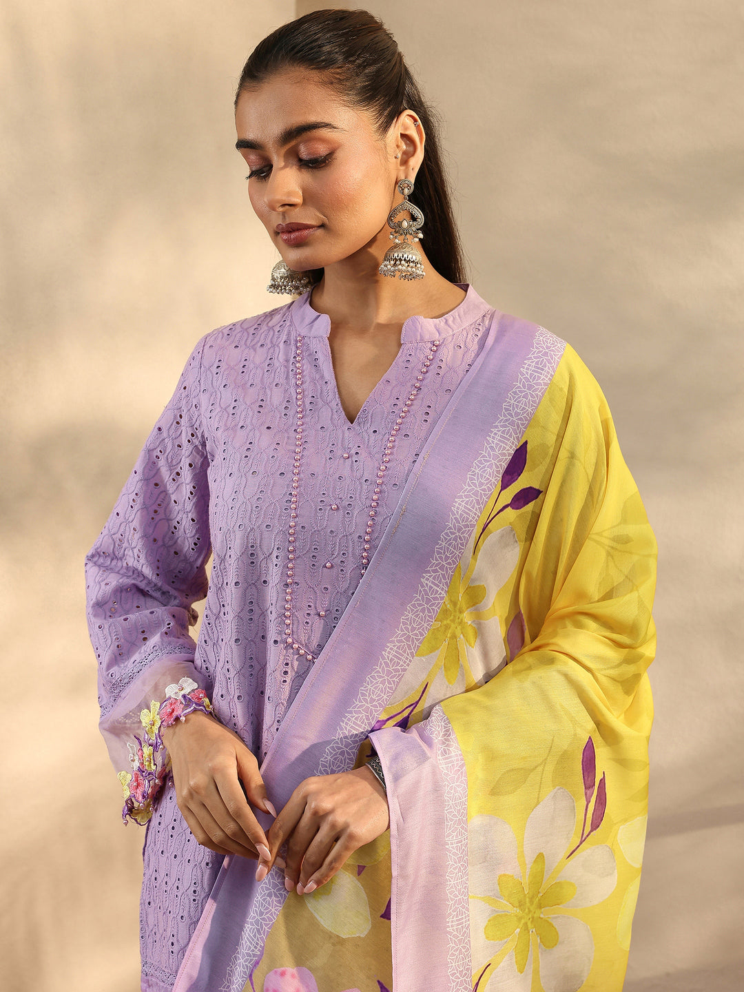 Lavender Embroidered Cotton Straight Suit Set With Dupatta