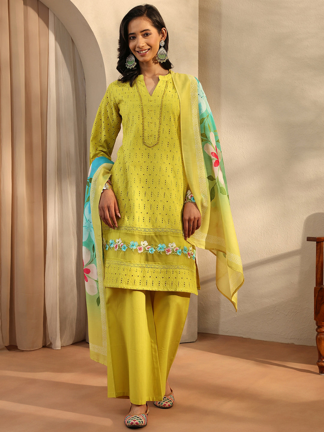 Lime Green Embroidered Cotton Straight Suit Set With Dupatta
