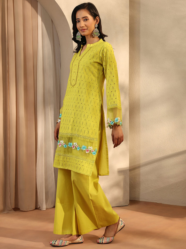 Lime Green Embroidered Cotton Straight Suit Set With Dupatta