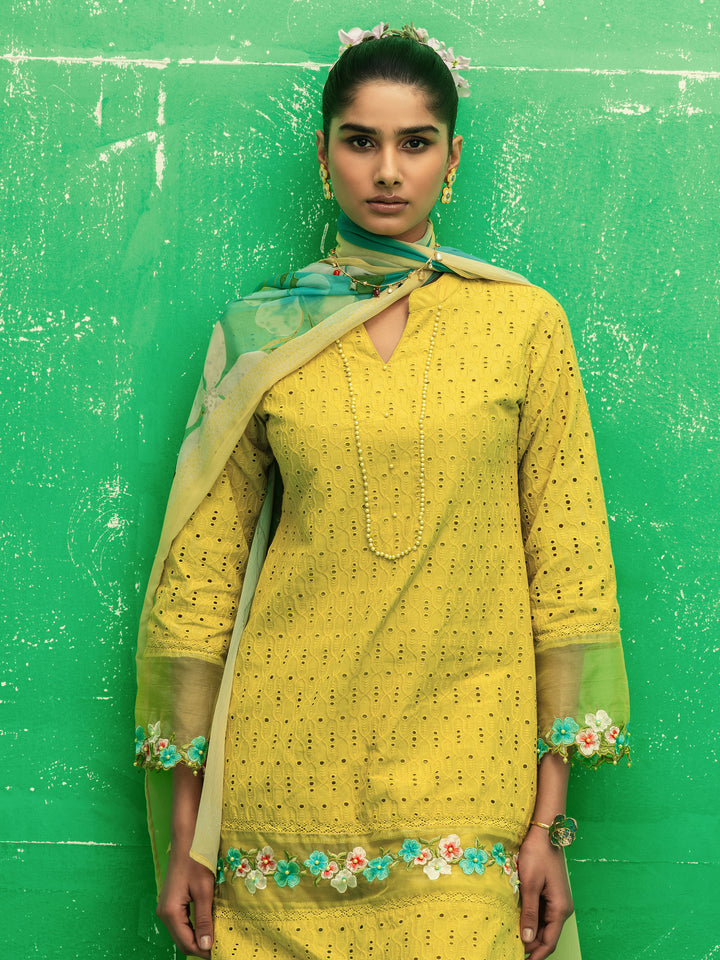 Cecelia Lime Green Embroidered Cotton Straight Suit Set With Dupatta