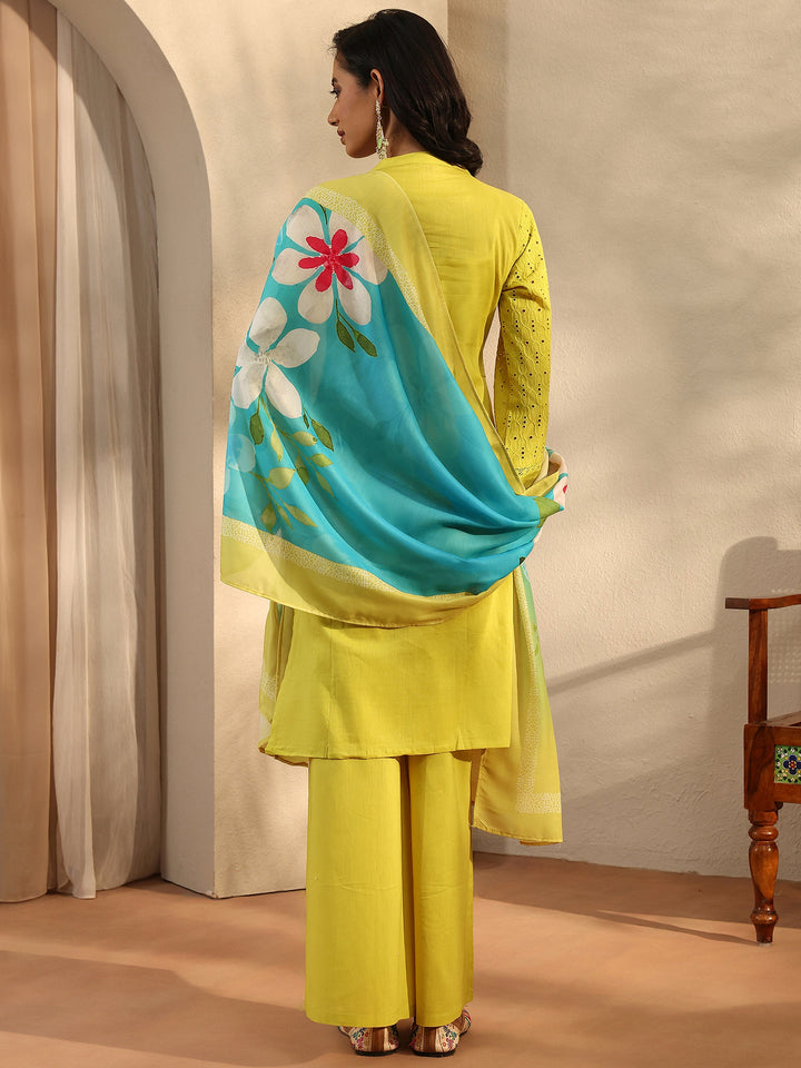 Lime Green Embroidered Cotton Straight Suit Set With Dupatta