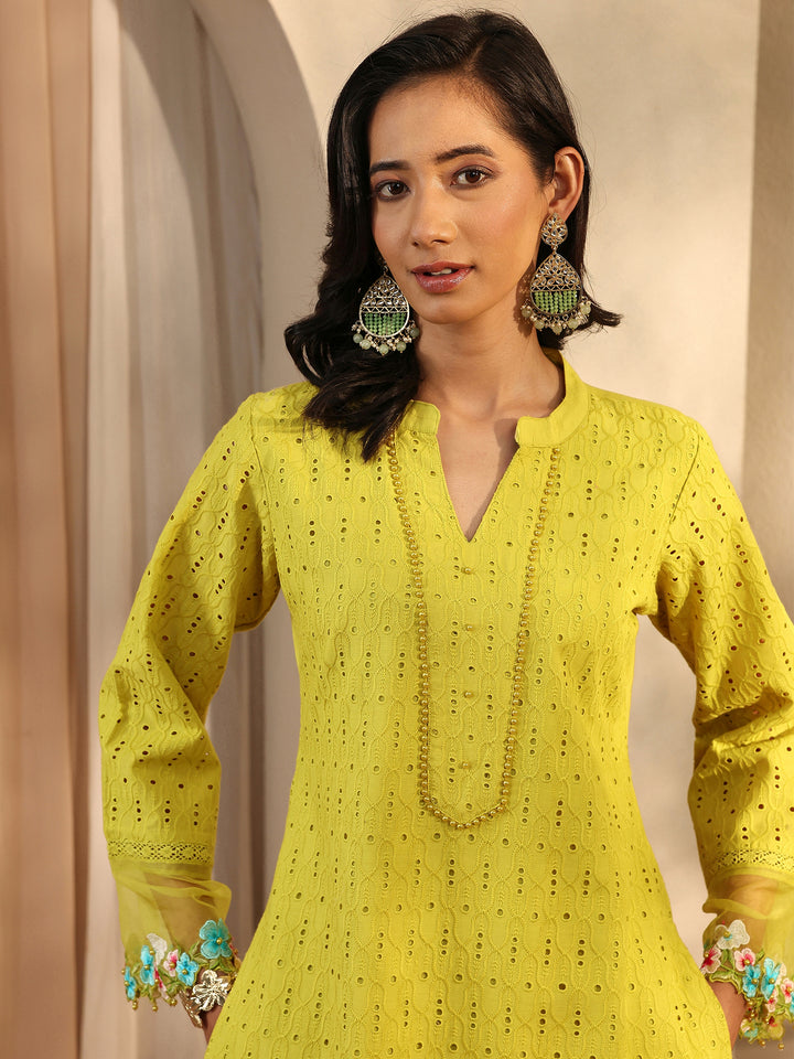 Lime Green Embroidered Cotton Straight Suit Set With Dupatta