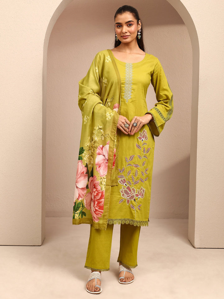 Mustard Embroidered Cotton Straight Suit Set With Dupatta