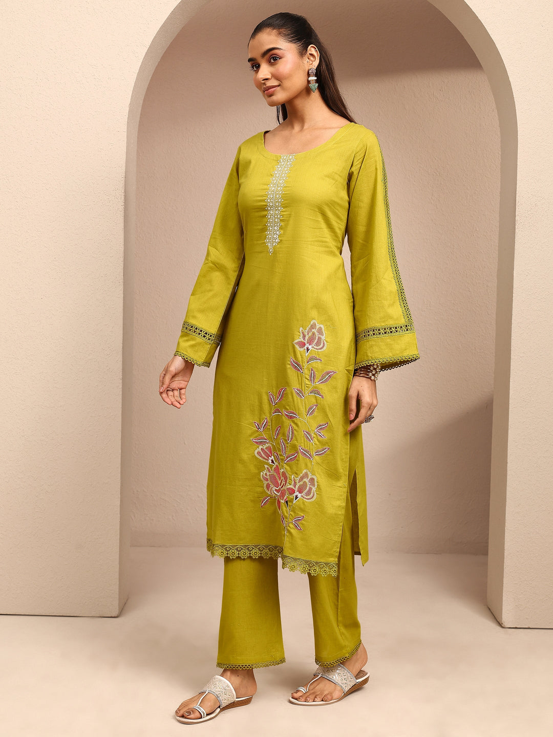 Mustard Embroidered Cotton Straight Suit Set With Dupatta