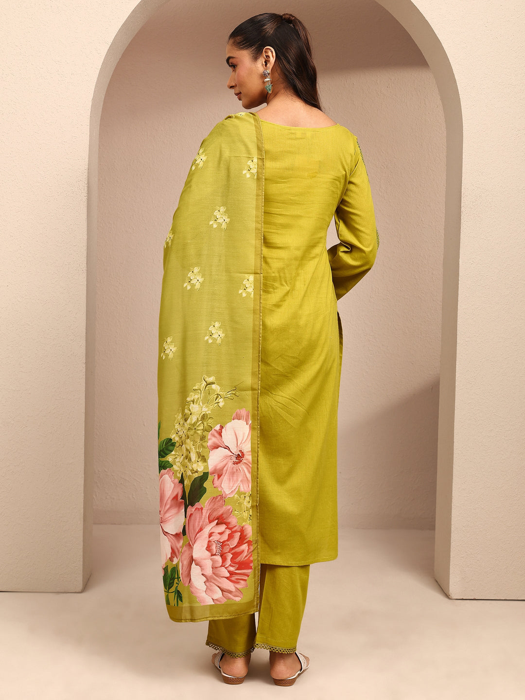Mustard Embroidered Cotton Straight Suit Set With Dupatta