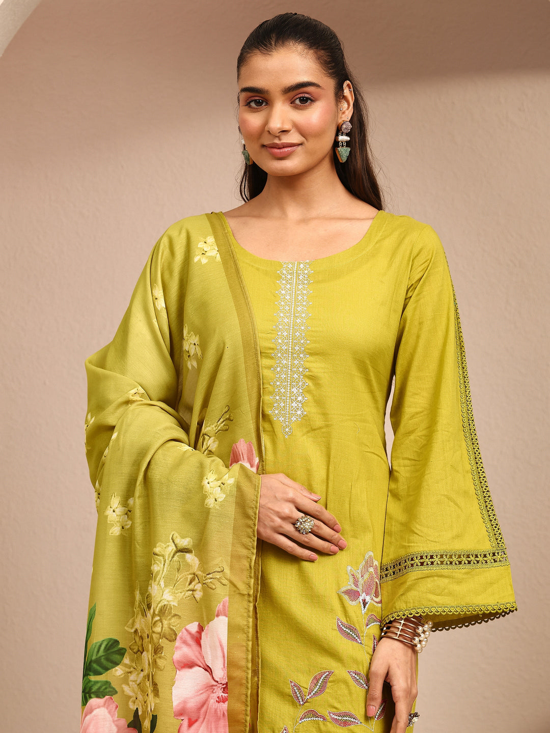 Mustard Embroidered Cotton Straight Suit Set With Dupatta
