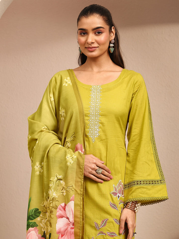 Mustard Embroidered Cotton Straight Suit Set With Dupatta