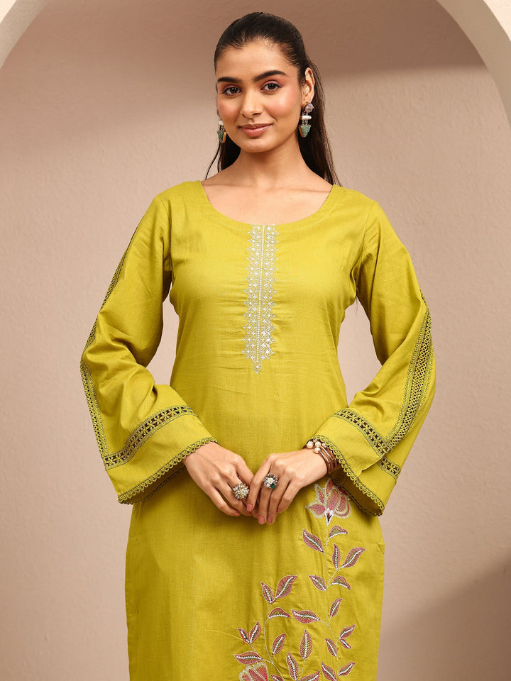Mustard Embroidered Cotton Straight Suit Set With Dupatta
