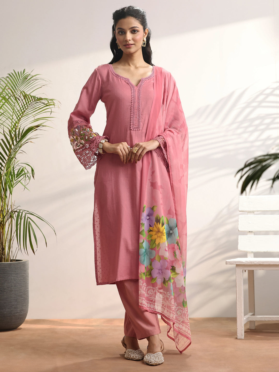 Pink Woven Design cotton blend Straight Suit Set With Dupatta