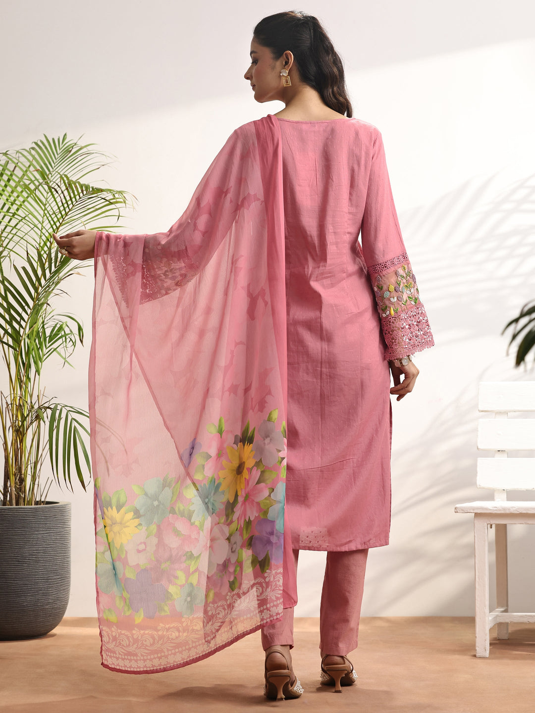 Pink Woven Design cotton blend Straight Suit Set With Dupatta