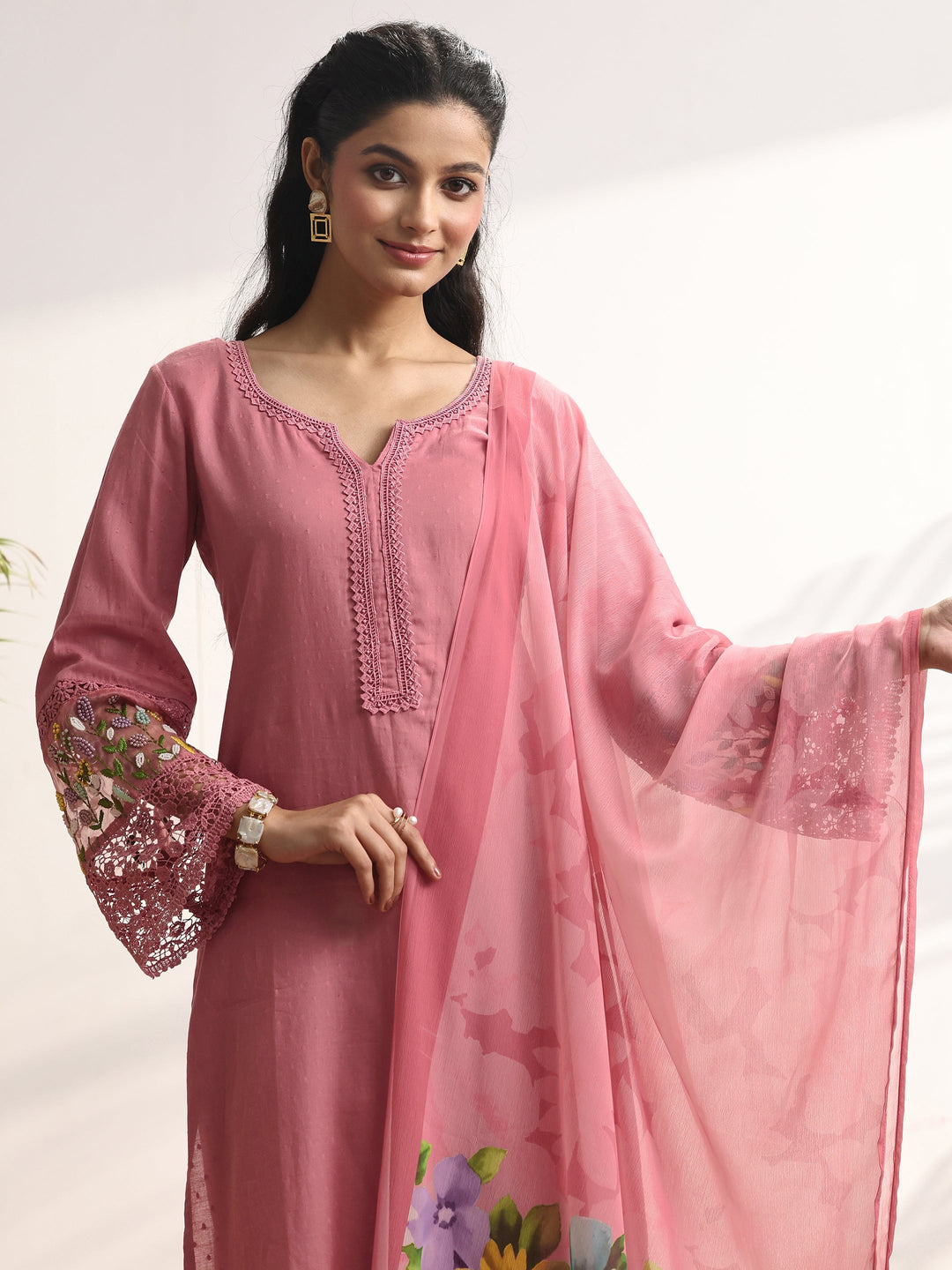 Pink Woven Design cotton blend Straight Suit Set With Dupatta