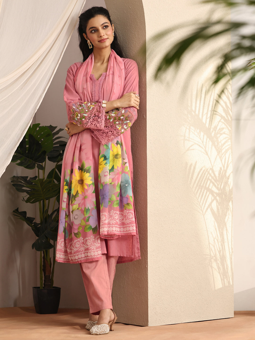 Pink Woven Design cotton blend Straight Suit Set With Dupatta