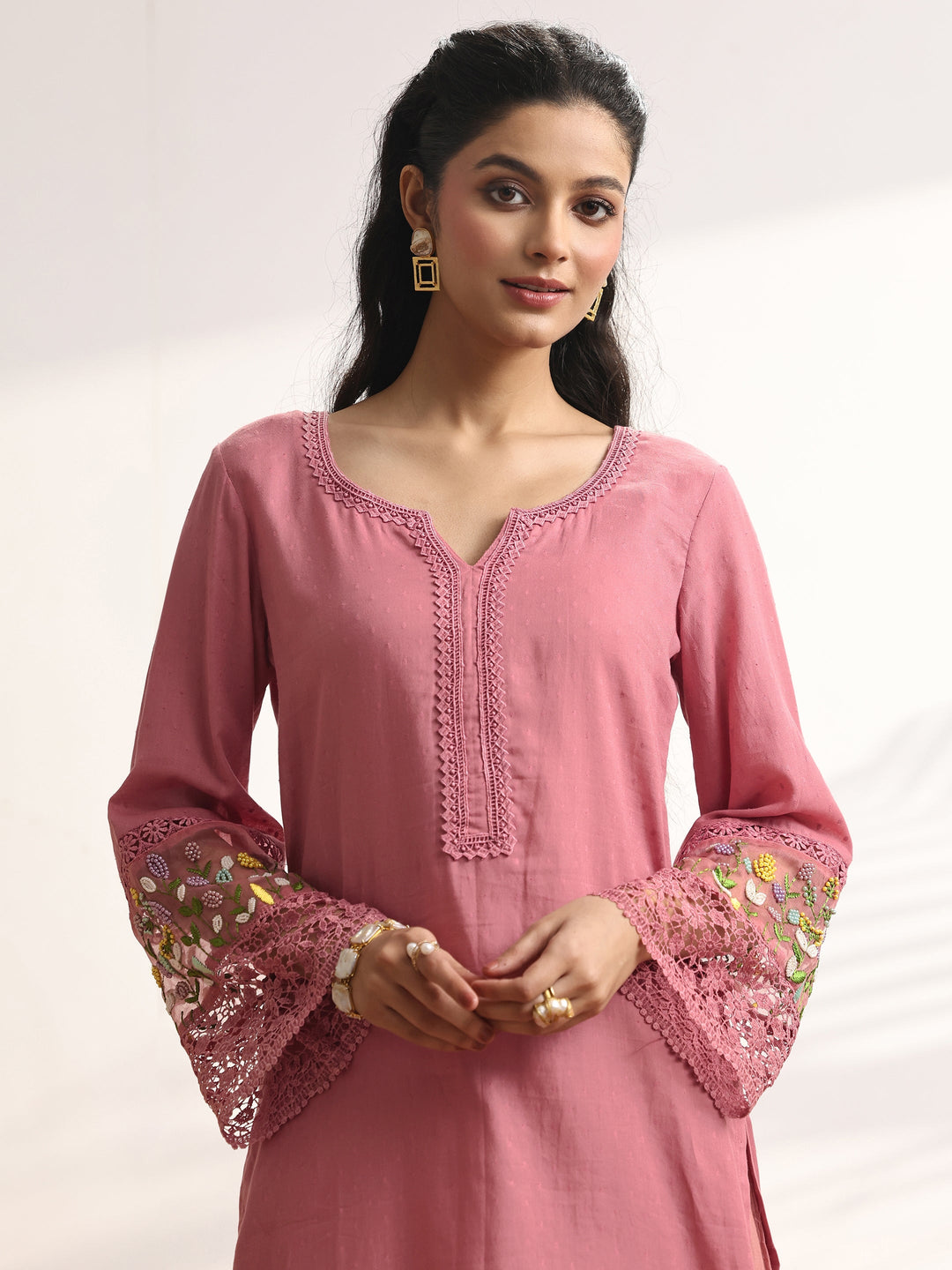 Pink Woven Design cotton blend Straight Suit Set With Dupatta
