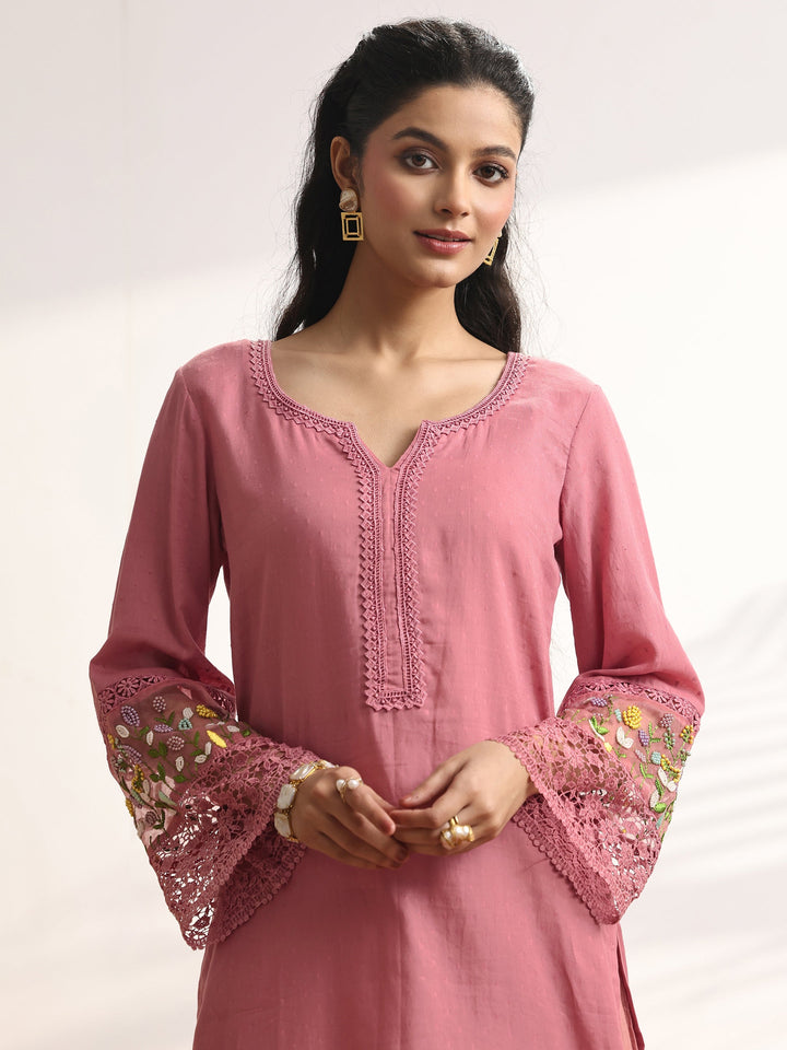 Pink Woven Design cotton blend Straight Suit Set With Dupatta