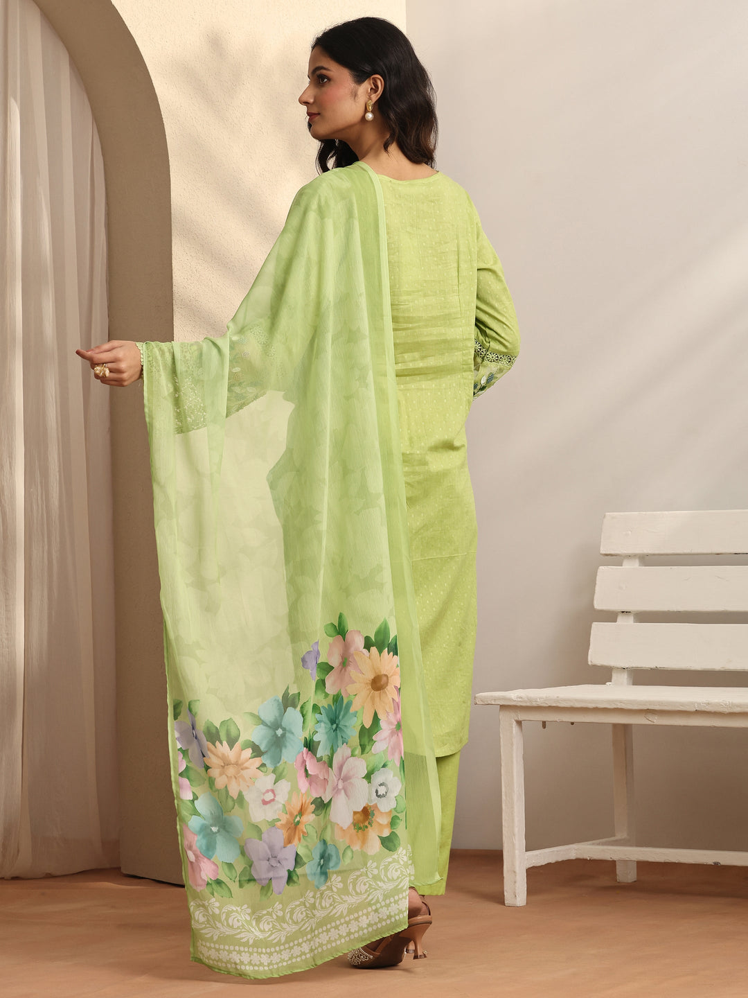 Green Woven Design cotton blend Straight Suit Set With Dupatta