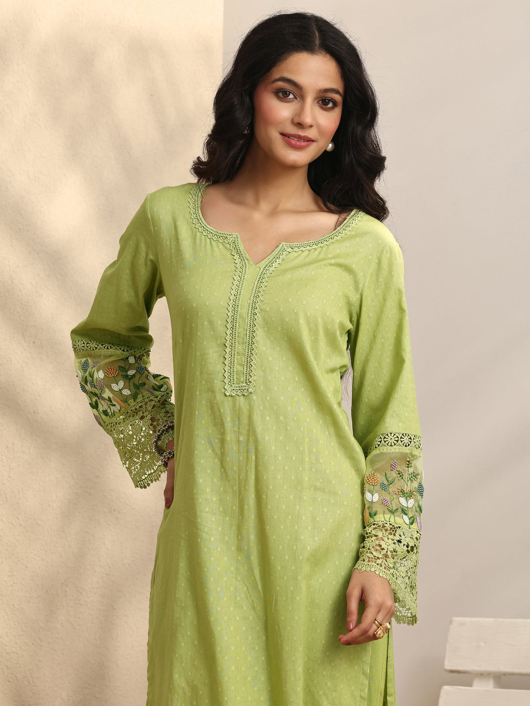Green Woven Design cotton blend Straight Suit Set With Dupatta