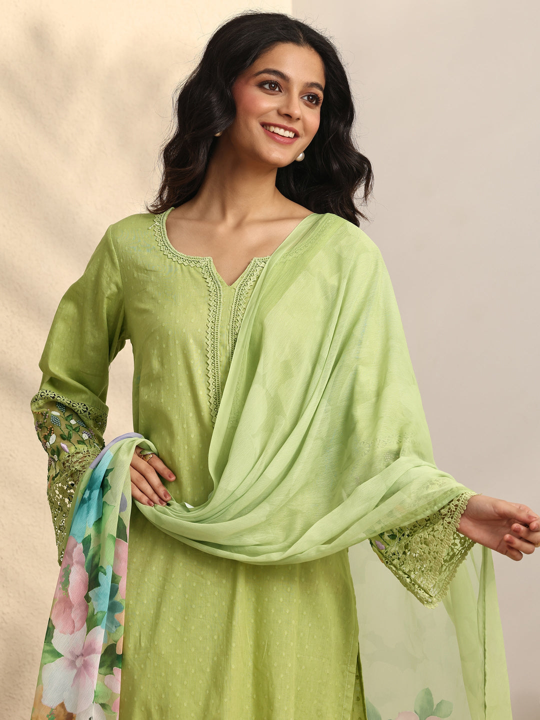 Green Woven Design cotton blend Straight Suit Set With Dupatta