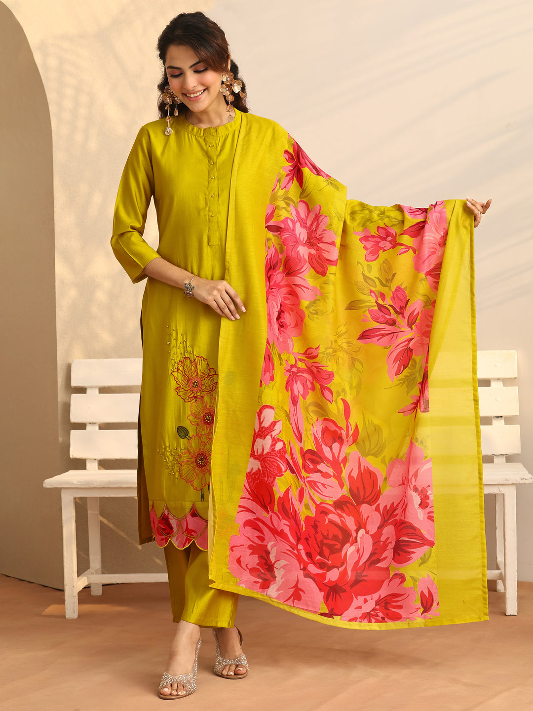 Mustard Embroidered Silk Blend Straight Suit Set With Dupatta