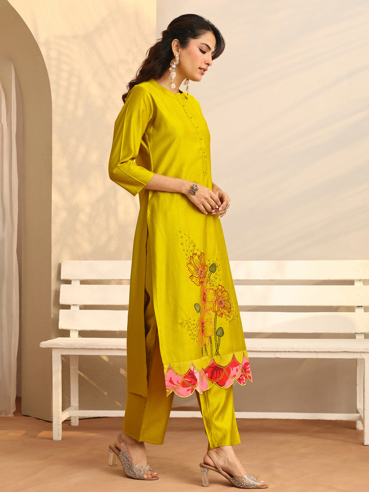 Mustard Embroidered Silk Blend Straight Suit Set With Dupatta