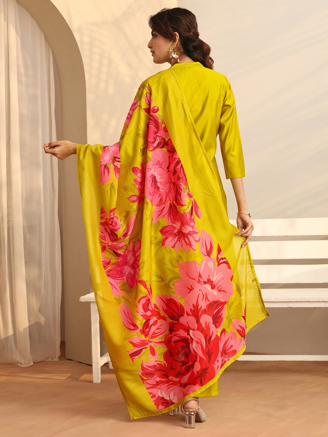 Mustard Embroidered Silk Blend Straight Suit Set With Dupatta