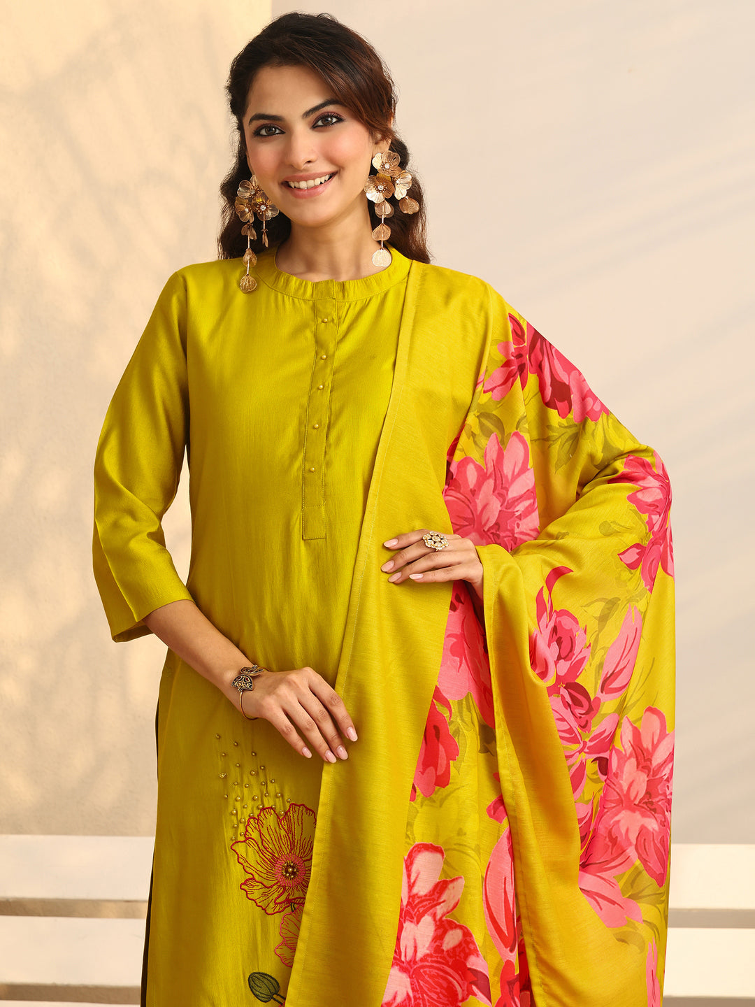 Mustard Embroidered Silk Blend Straight Suit Set With Dupatta
