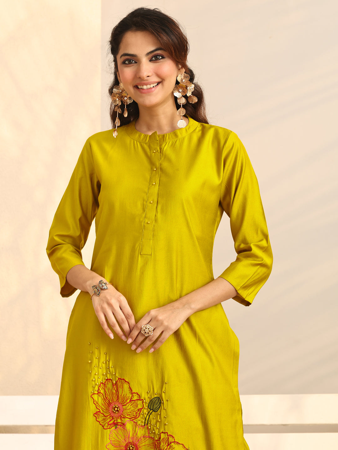 Mustard Embroidered Silk Blend Straight Suit Set With Dupatta