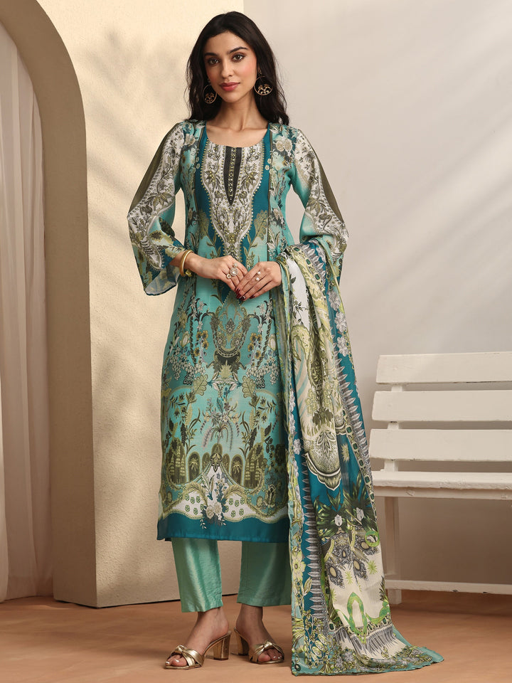 Blue Printed Silk blend Straight Suit Set With Dupatta