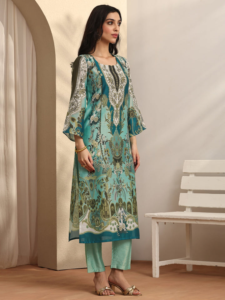 Blue Printed Silk blend Straight Suit Set With Dupatta