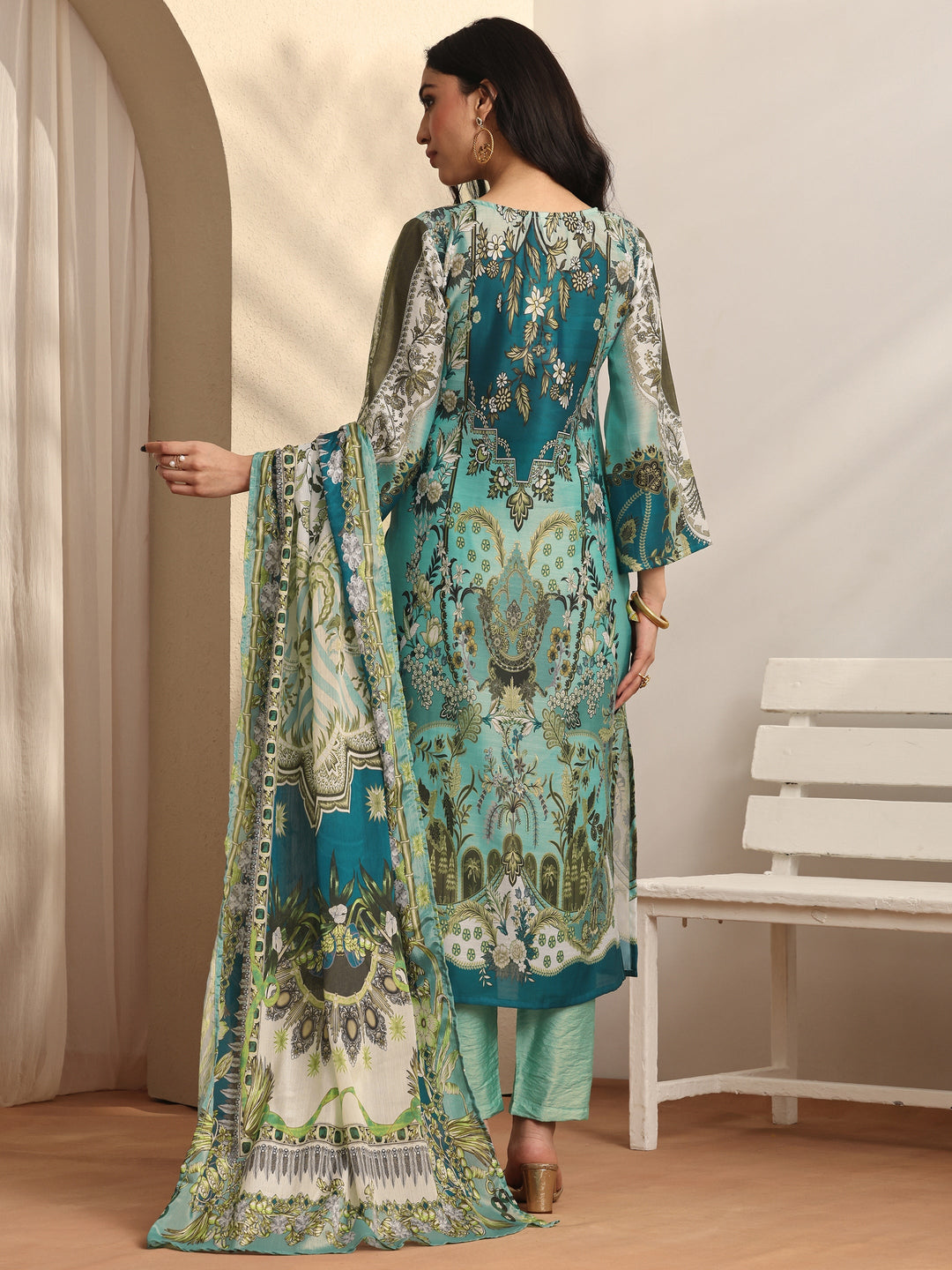 Blue Printed Silk blend Straight Suit Set With Dupatta