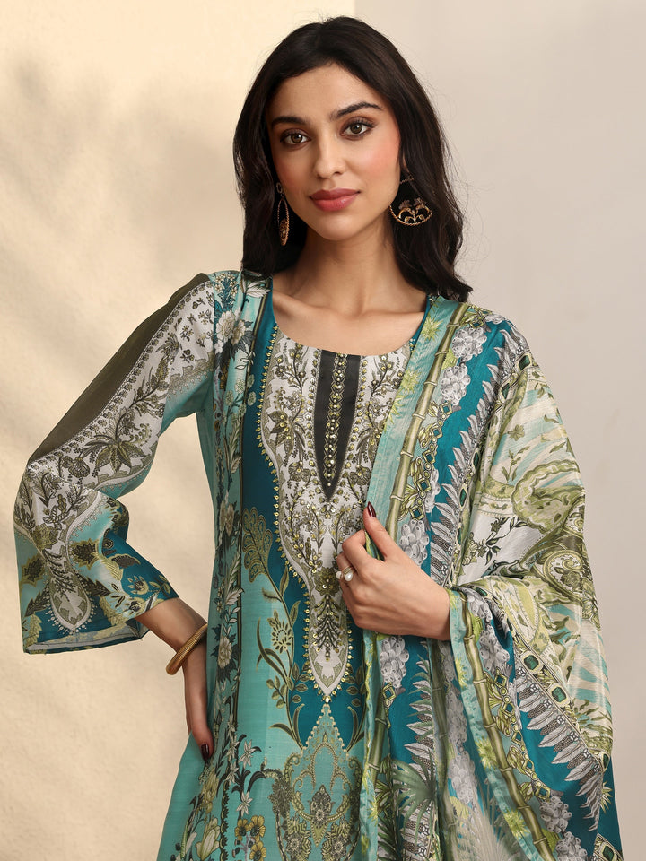 Blue Printed Silk blend Straight Suit Set With Dupatta