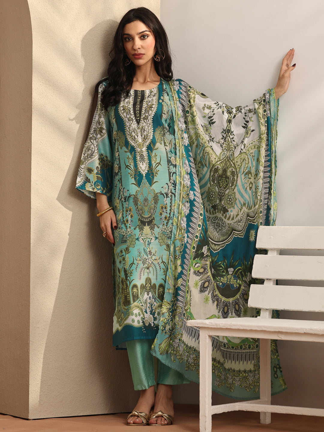 Blue Printed Silk blend Straight Suit Set With Dupatta
