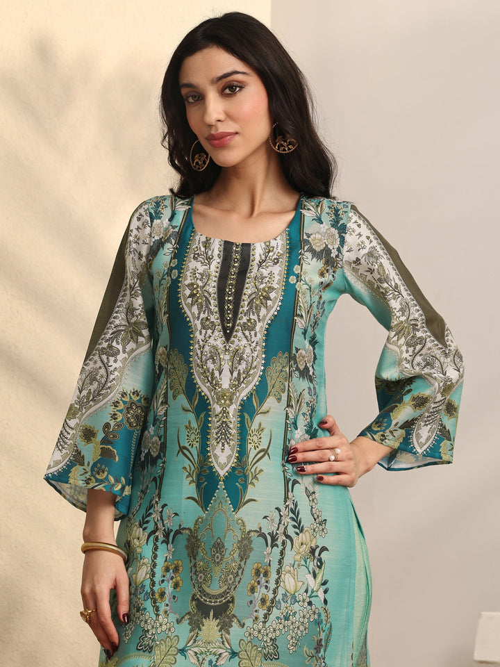 Blue Printed Silk blend Straight Suit Set With Dupatta