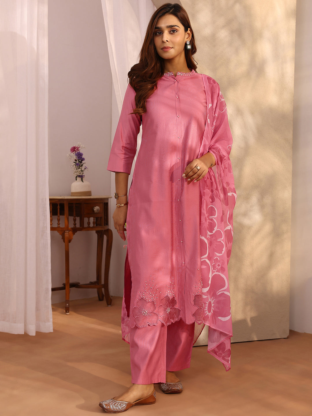 Pink Embellished Silk Blend Straight Suit Set With Dupatta