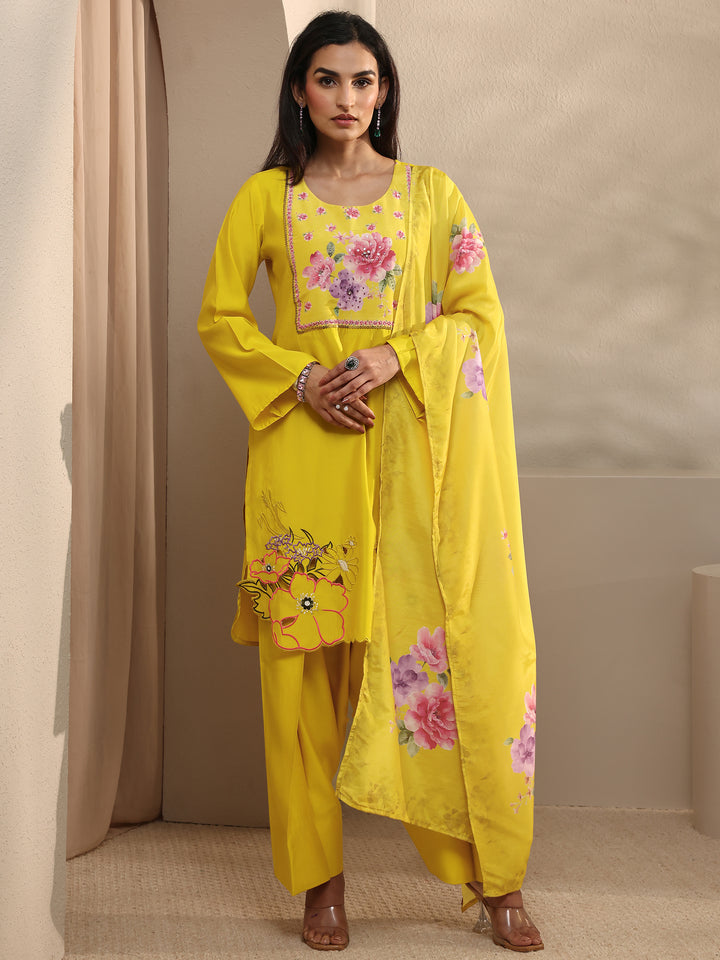 Mustard Floral Yoke Design Silk Blend Straight Suit Set With Dupatta