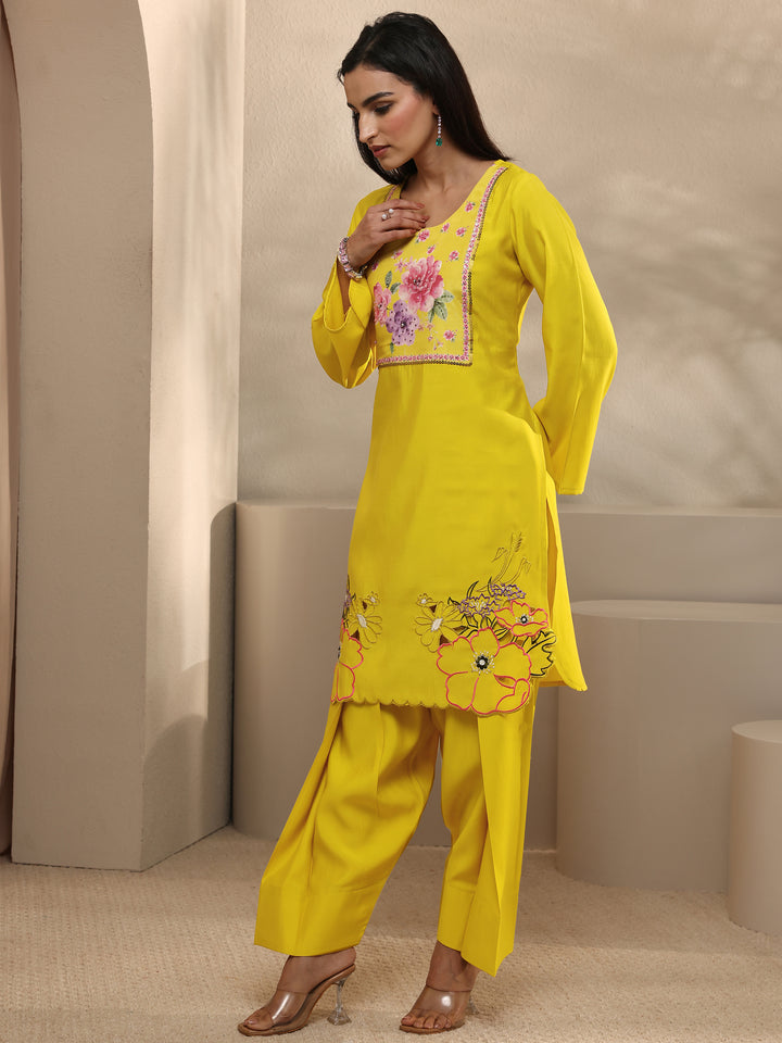 Mustard Floral Yoke Design Silk Blend Straight Suit Set With Dupatta