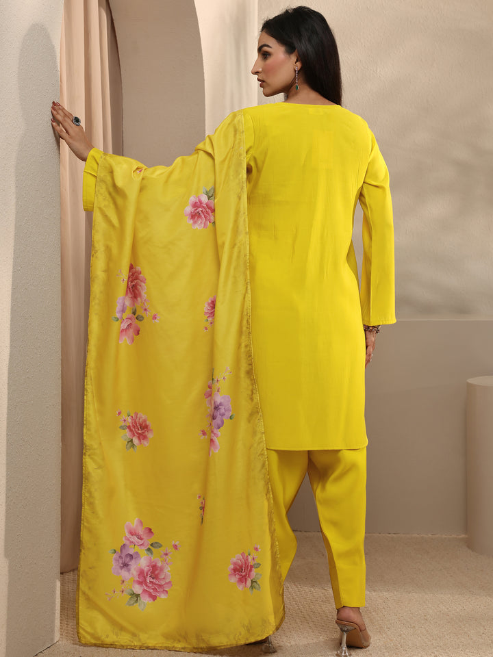 Mustard Floral Yoke Design Silk Blend Straight Suit Set With Dupatta