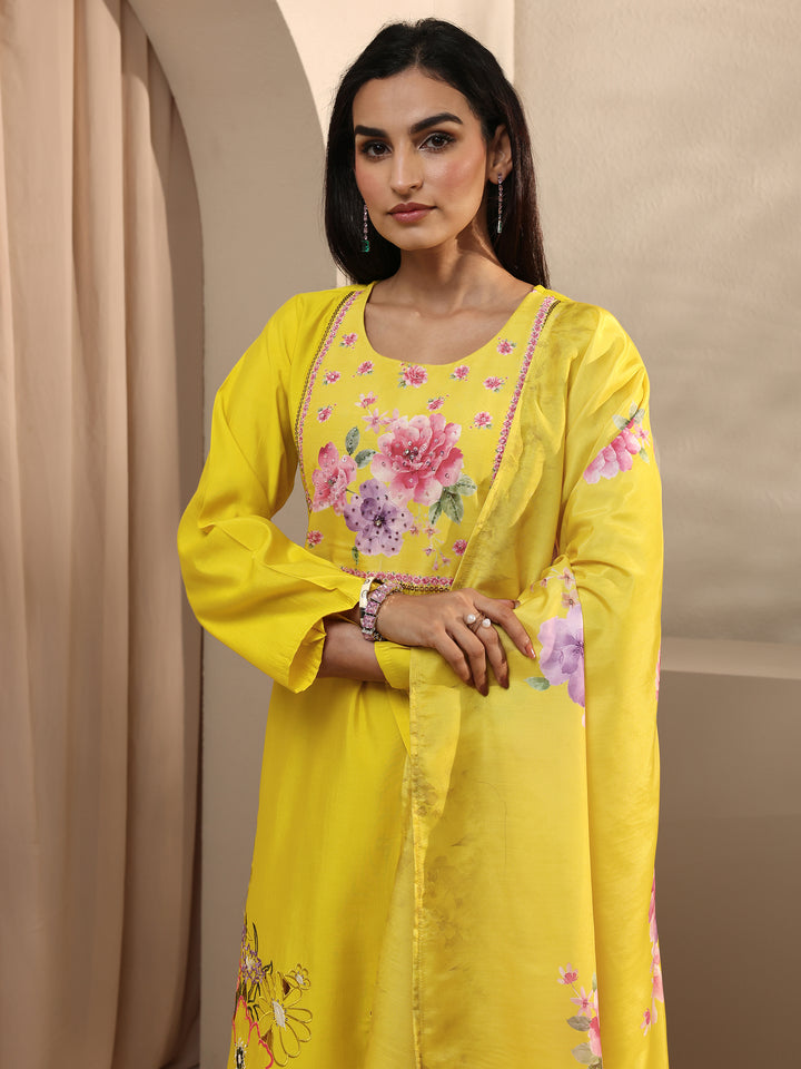 Mustard Floral Yoke Design Silk Blend Straight Suit Set With Dupatta