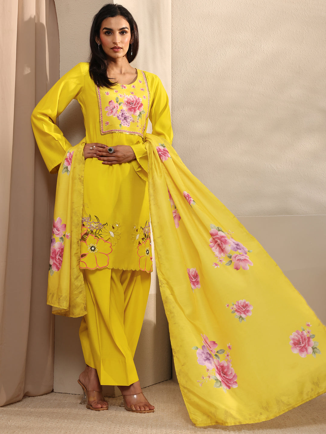 Mustard Floral Yoke Design Silk Blend Straight Suit Set With Dupatta