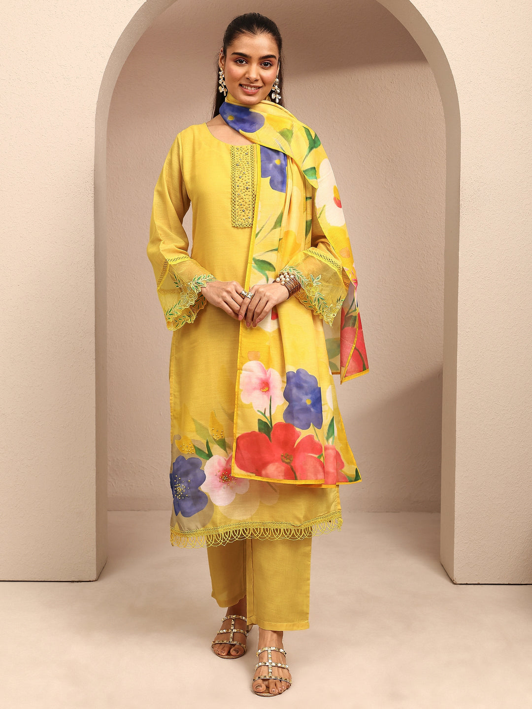 Yellow Printed Cotton Blend Straight Suit Set With Dupatta